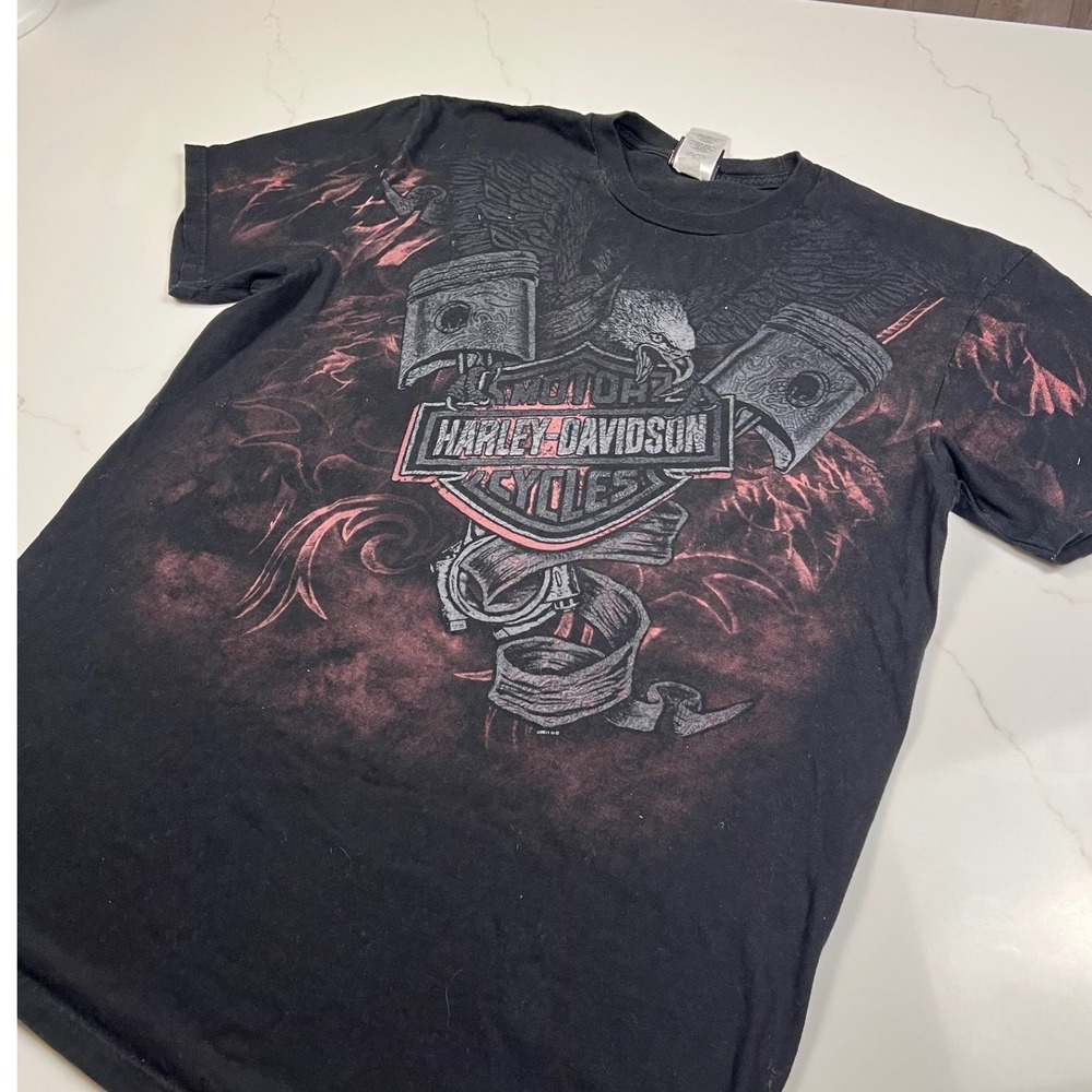Harley Davidson T-Shirt Mens XL Black Red Eagle Piston grunge wings affliction